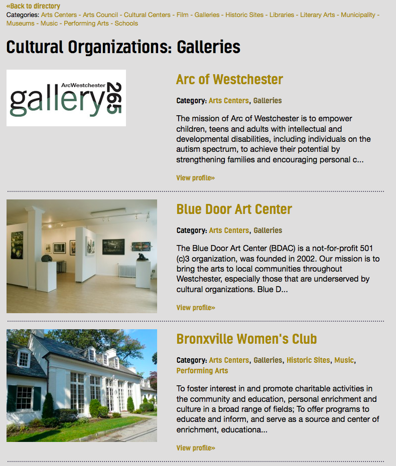 screenshot of artswestchester.org directory page