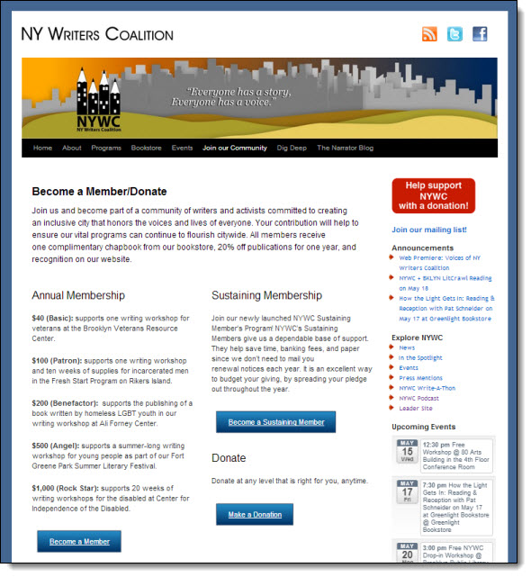 New York Writers Coalition CiviCRM/WordPress implementation