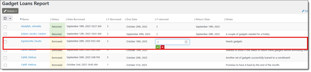 CiviCRM SearchKit report with in-line editing