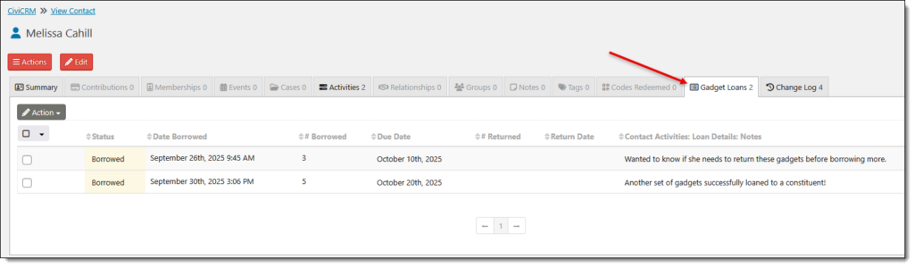 Gadget Loan tab in Contact Record